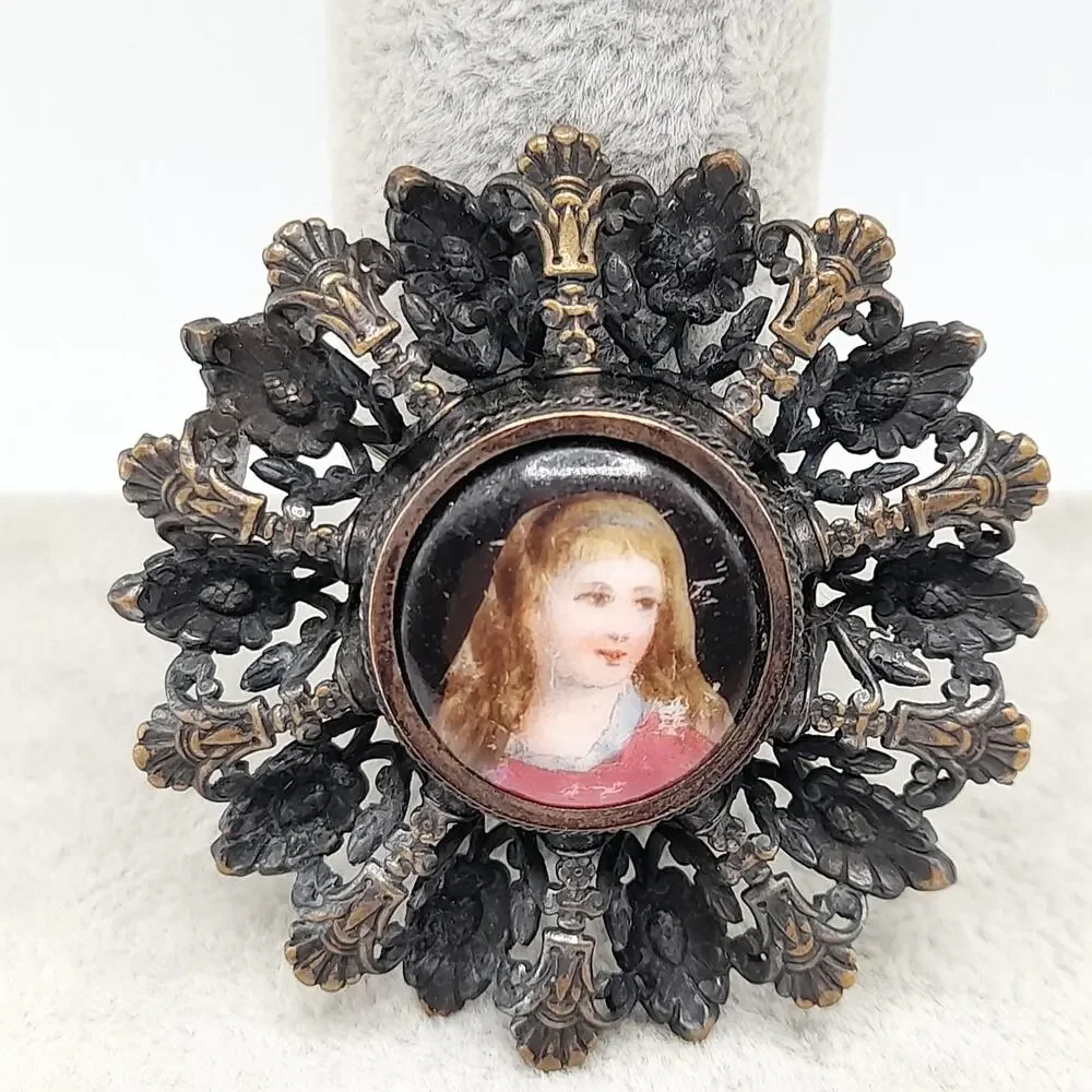 Antique Edwardian Portrait Brooch, C Clasp, Brass Filigree, Early 1900s